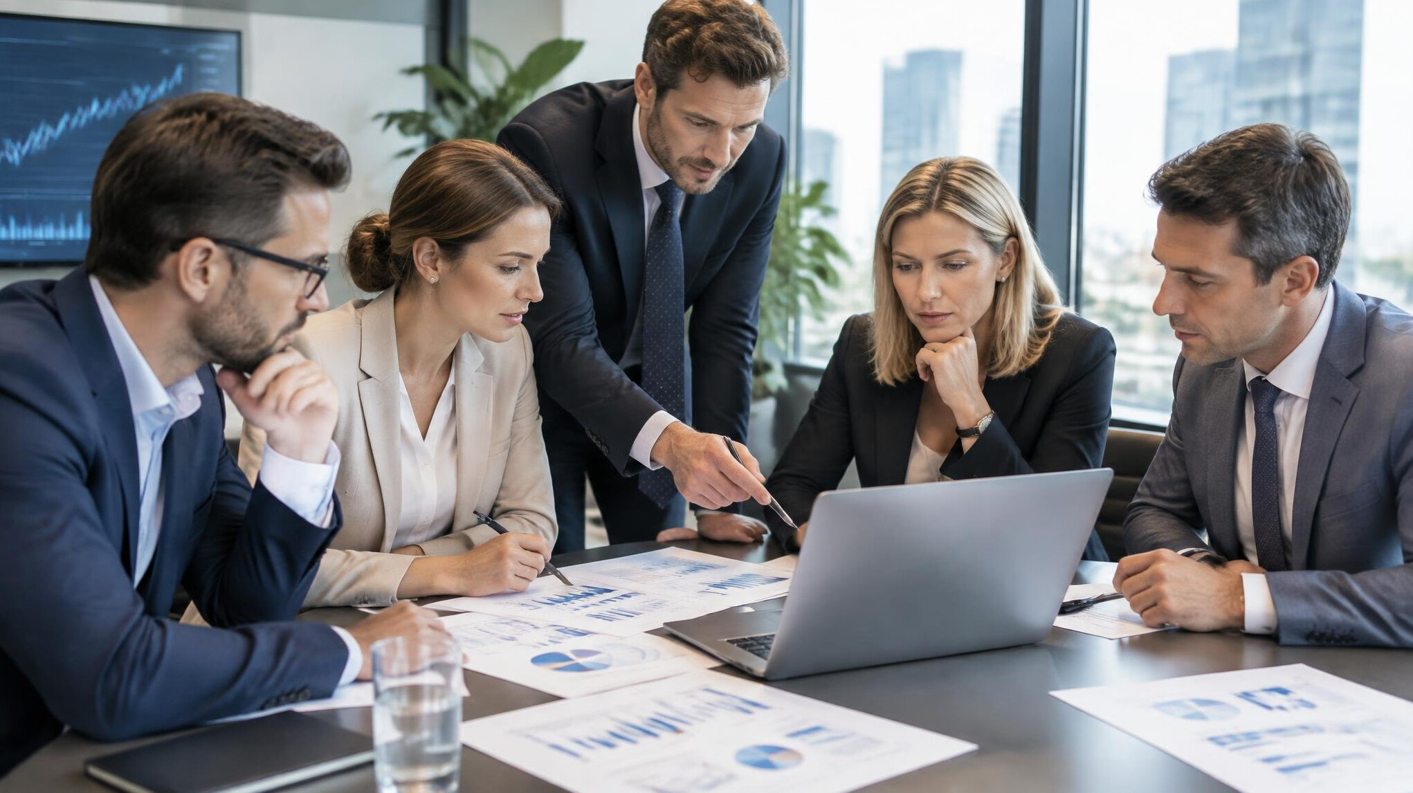 Finance professionals reviewing performance charts on paper and screens
