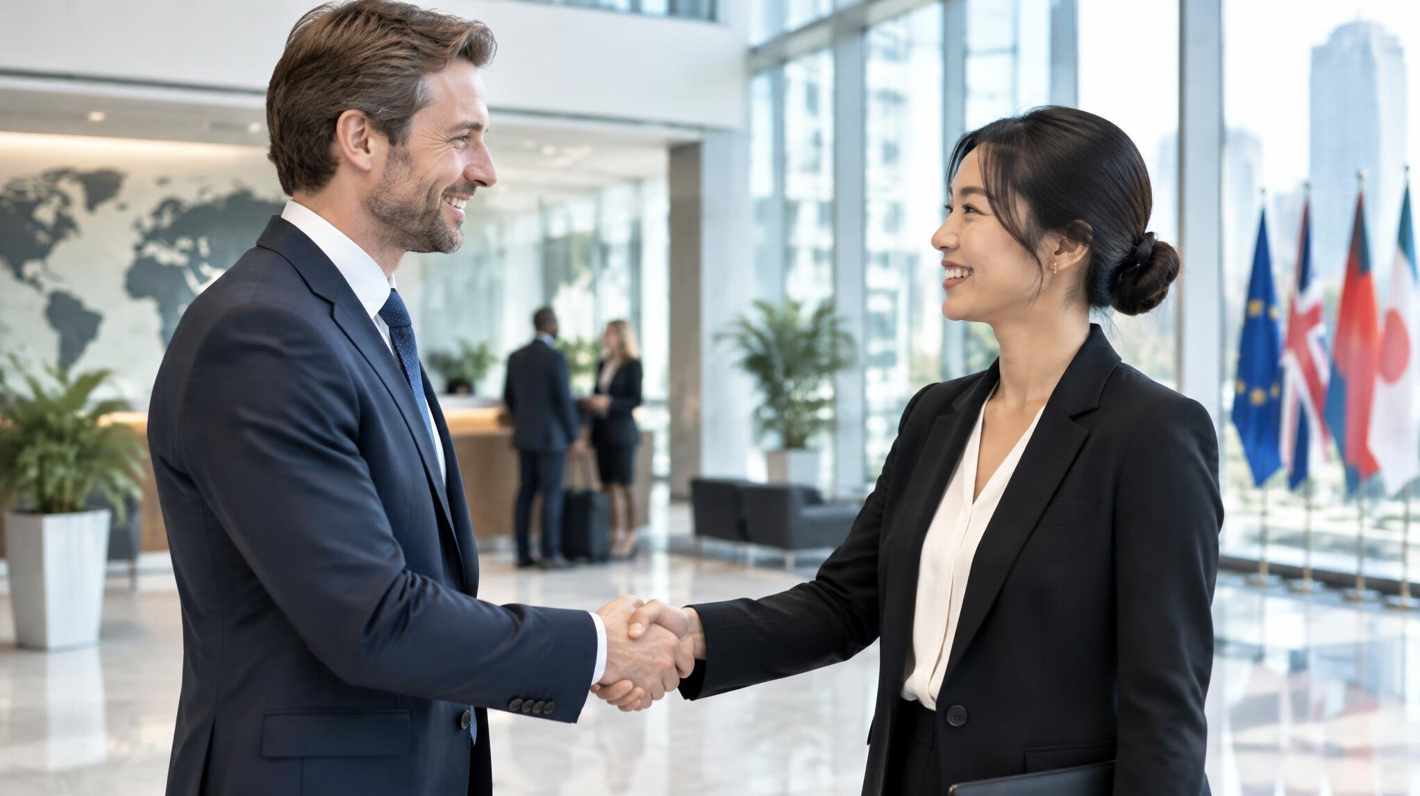 International business partners shaking hands after a meeting