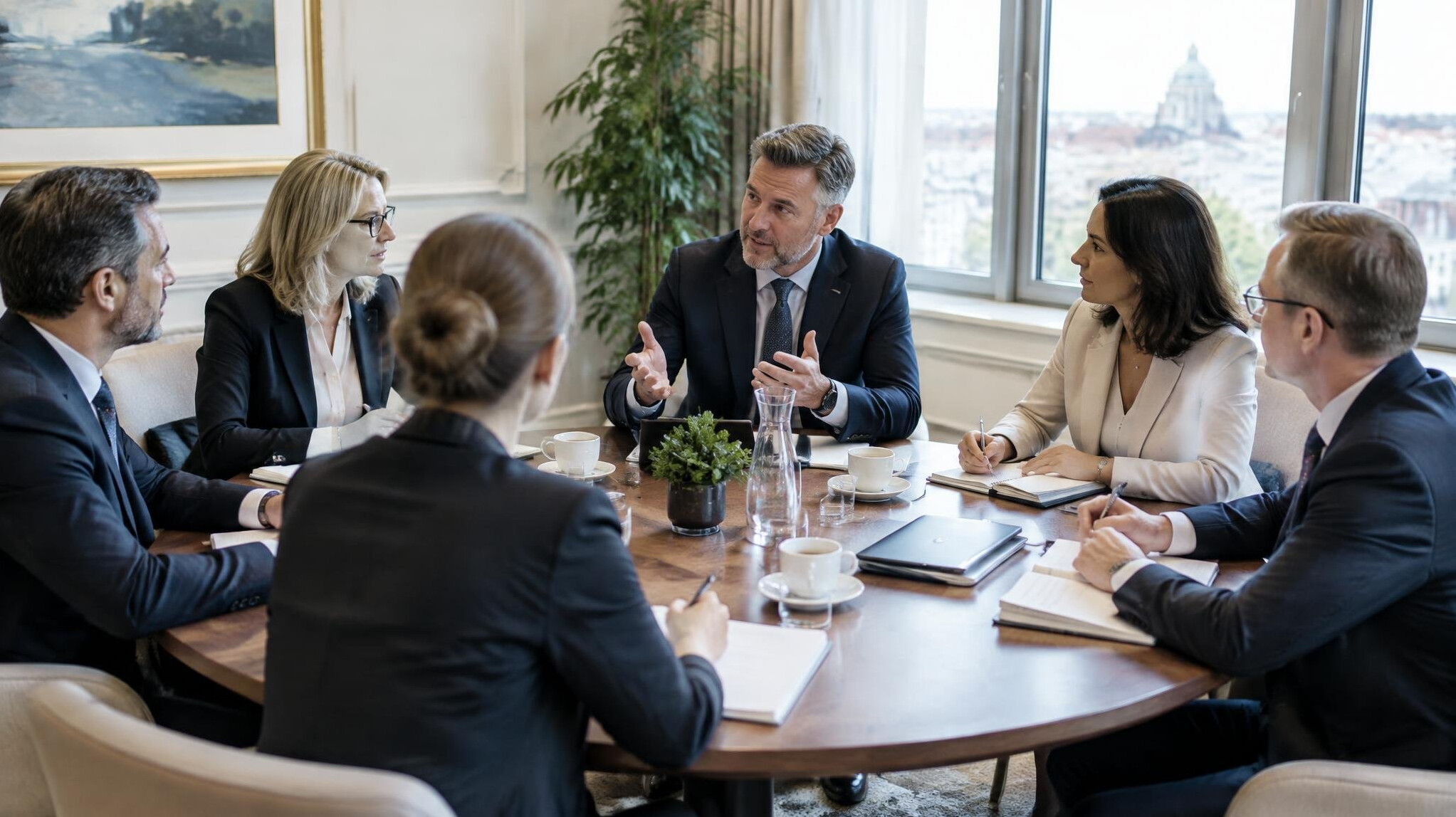 Group of executives in a round table discussion about leadership trends