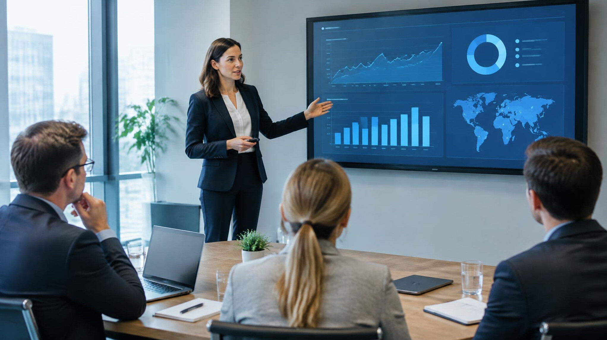 Businesswoman presenting a digital transformation dashboard to colleagues