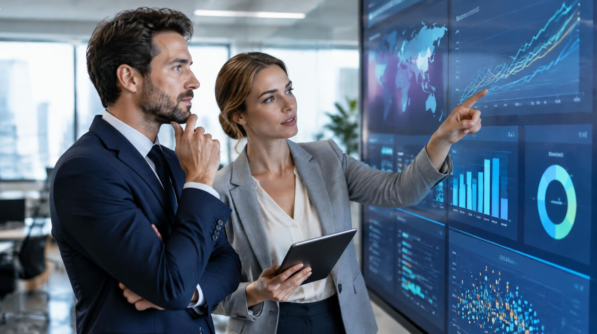 Business professionals analyzing digital data on large screens
